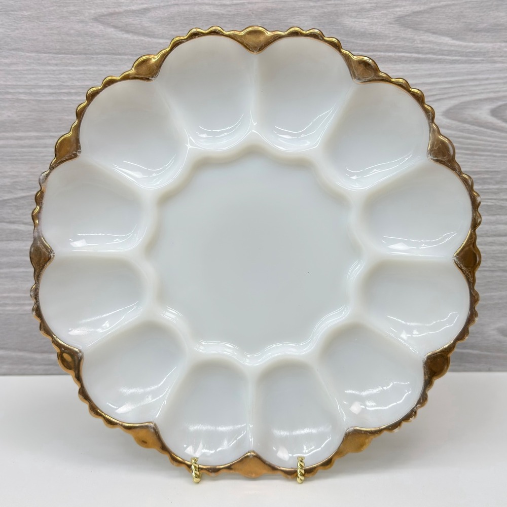 Vintage Fire King Anchor Hocking Milk Glass Deviled Egg Plate Gold Trim 10" USA